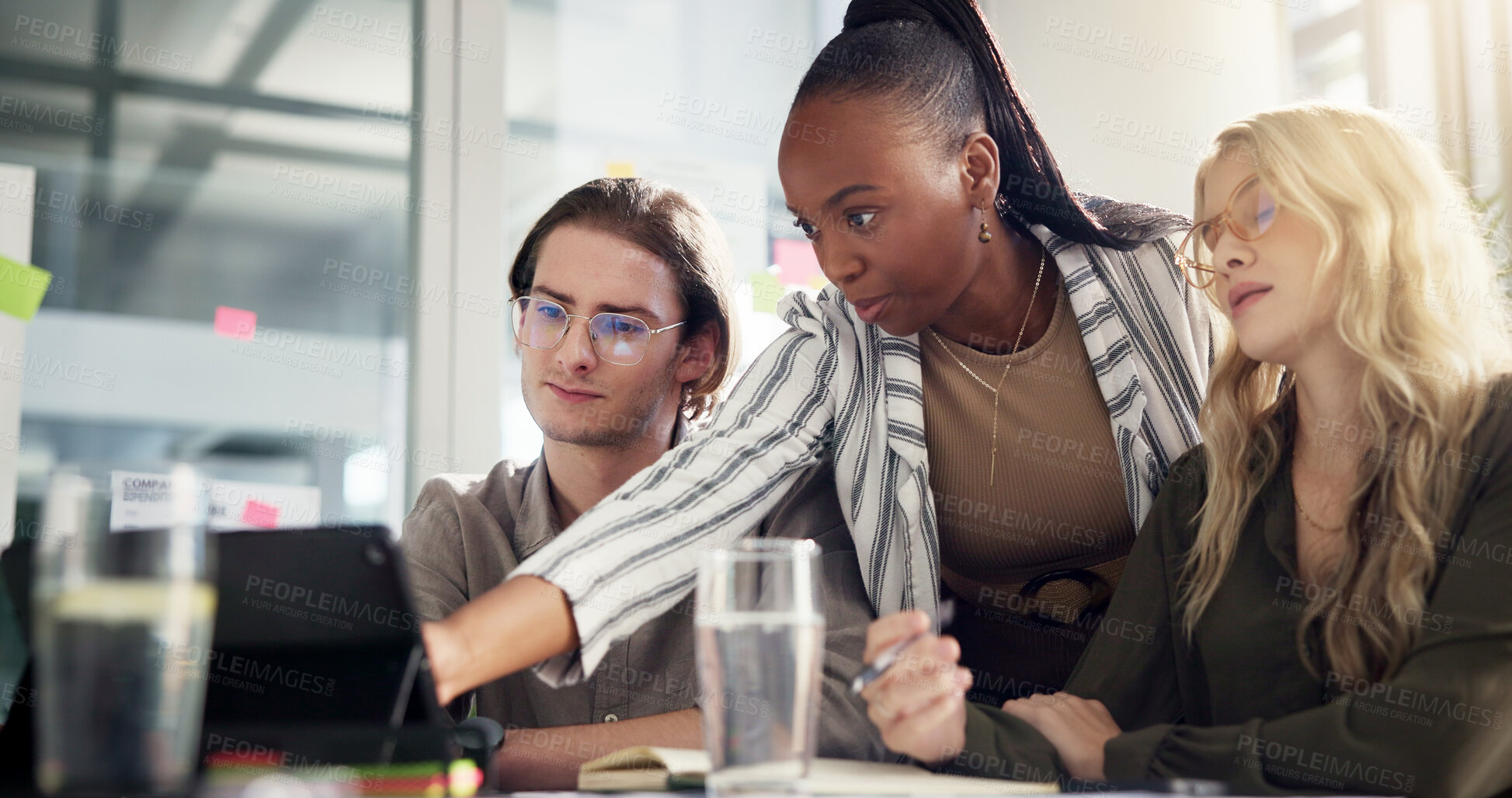Buy stock photo Meeting, tablet and business people in office, coaching and ad agency with feedback for project. Help, sales consultant and group in workplace, tech and email for proposal, review budget or support