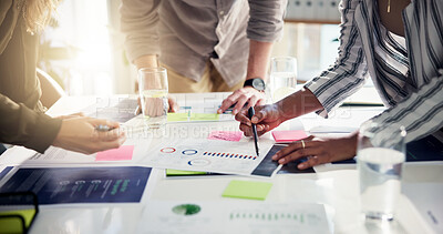 Buy stock photo Teamwork, hands or people with charts or paperwork for social media statistics or business meeting. Planning, SEO analysts or brainstorming for graphs report, subscription growth or documents review