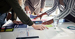 Business people, hands and meeting with documents for statistics, company review or analysis at office. Group, employees or paperwork with data, graph or chart for performance, growth or proposal
