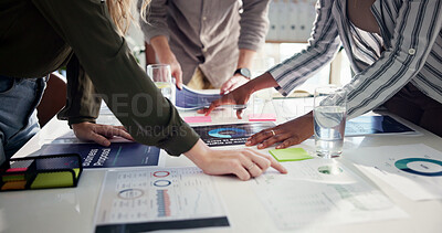 Buy stock photo Business people, hands and meeting with documents for statistics, company review or analysis at office. Group, employees or paperwork with data, graph or chart for performance, growth or proposal