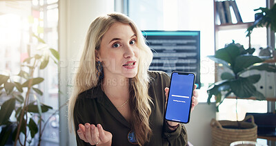 Buy stock photo Phone screen, business woman and video call presentation for software investment, funding or POV on app. Mobile, virtual meeting or portrait in webinar with UX designer to pitch creative startup idea