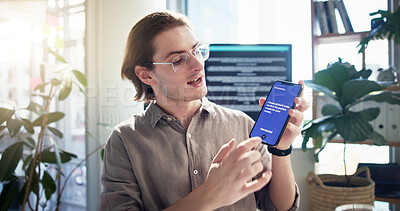 Buy stock photo Phone screen, business man and webinar presentation for software development, music app and funding. Mobile, virtual conference and video call POV with UX developer to pitch creative startup idea