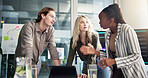 Conversation, tablet and business people in office, planning and sales agency with feedback for project. Employees, cooperation or group with tech, ideas and email for proposal, talk or brainstorming