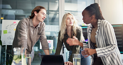 Buy stock photo Conversation, tablet and business people in office, planning and sales agency with feedback for project. Employees, cooperation or group with tech, ideas and email for proposal, talk or brainstorming