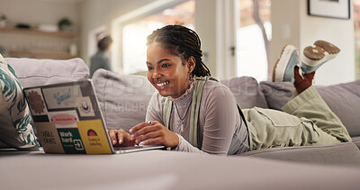 Buy stock photo Home, student and woman on couch, laptop and university with elearning, email for project and assignment results. Relax, college task and person on sofa, pc and research for scholarship and knowledge