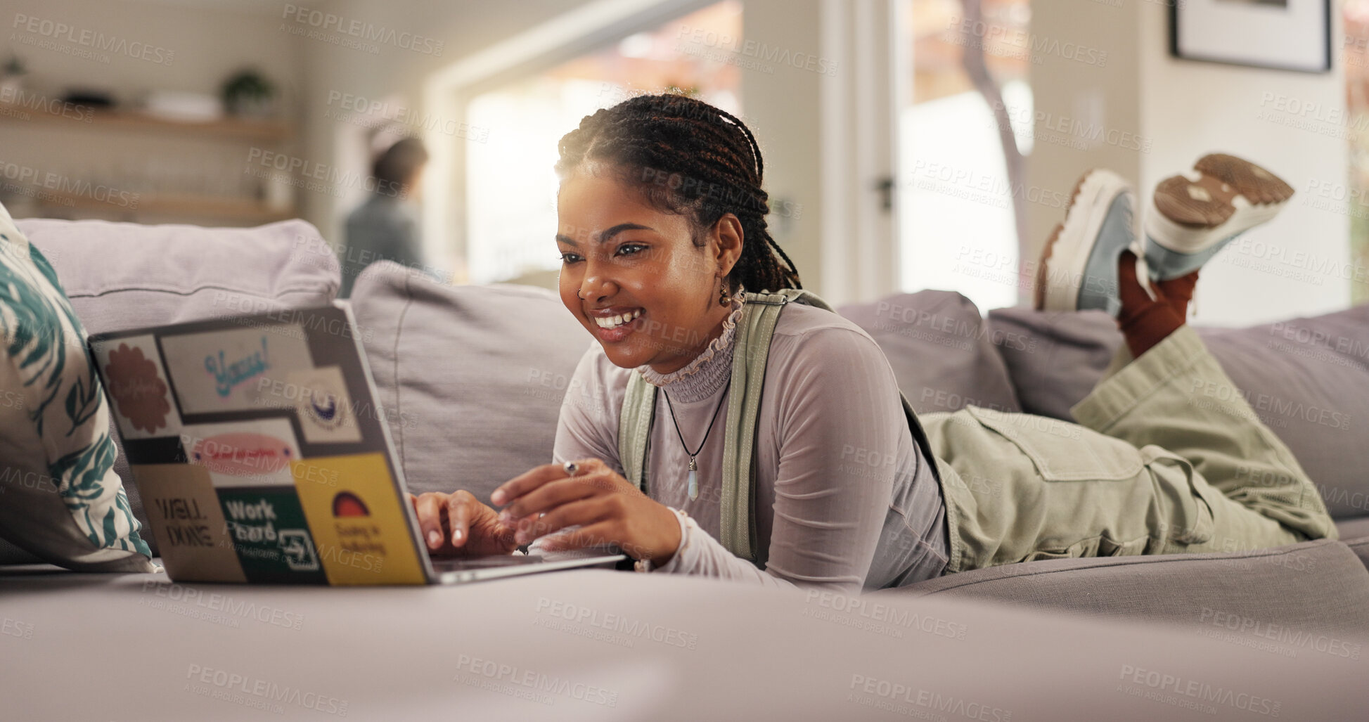 Buy stock photo Home, student and woman on couch, laptop and university with elearning, email for project and assignment results. Relax, college task and person on sofa, pc and research for scholarship and knowledge