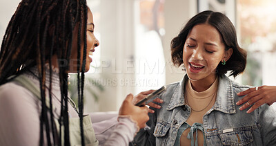 Buy stock photo Fun, friends and women with smartphone, lounge and recording of singing on social media and apartment. Happiness, karaoke and people with mobile for audio, online and bonding with singer in home