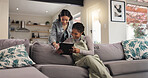 Lounge, friends and women with tablet, home and students with smile for research, bonding and relax. House, girls and people with tech for studying, online and happiness for education in living room