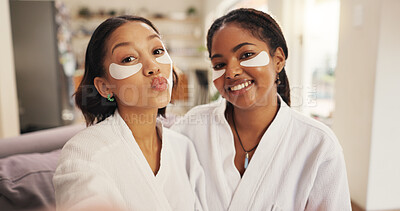 Buy stock photo Eye mask, portrait and selfie with friends in home together for pampering or skincare. Beauty routine, dermatology and pout with POV of happy women in apartment for profile picture or social media