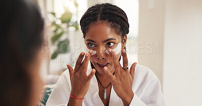 Buy stock photo Beauty, eye mask and facial with friends in home together for pampering or skincare routine. Aesthetic, antiaging product and transformation with women in apartment for application or dermatology