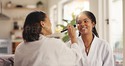 Buy stock photo Beauty, brush and self care with friends in home living room together for me time or spa day. Makeup, relax and wellness with women in apartment for blush application, cosmetics or dermatology
