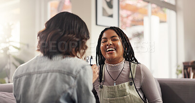 Buy stock photo Bonding, friends and women with smartphone, home and laughing at gossip on social media or conversation. House, smile and people with mobile for funny news on post, reunion or together in living room