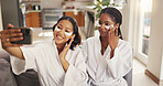 Eye mask, selfie and skincare with women in home together for beauty or pampering. Antiaging, dermatology and transformation with happy friends women in apartment for profile picture or social media