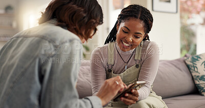 Buy stock photo Smile, friends and women with smartphone, texting and showing message in living room, relax and home. Happy, people and reading chat on social media in lounge, bonding and girls with mobile in house