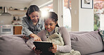 Happy, choice and friends with tablet, home and women with smile for movie, living room and pointing. House, girls and people with tech for entertainment, bonding and decision for movies in lounge