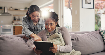 Buy stock photo Happy, choice and friends with tablet, home and women with smile for movie, living room and pointing. House, girls and people with tech for entertainment, bonding and decision for movies in lounge