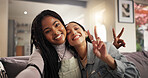 Happy women, portrait or friends with peace sign for selfie, picture or photography on sofa at home. Female people, photography or smile with emoji for capture moment, social media or post at house