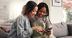 Online, friends and girls with smartphone, lounge and laughing at gossip on social media and bonding. Pointing, smile and people with mobile for funny news on post, living room and together in house