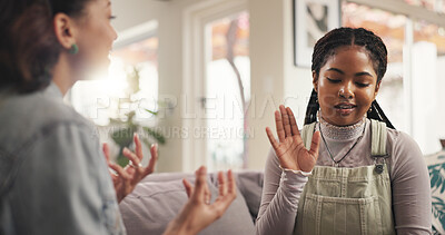Buy stock photo Frustrated women, friends and disagreement with argument for conflict, toxic discussion or ignore at home. Female people, bad friendship or talk with dispute for confession, quarrel or fight on sofa
