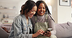 Browsing, friends and women with smartphone, lounge and laughing at gossip on social media and home. Bonding, smile and people with mobile for funny news on post, living room and together in house