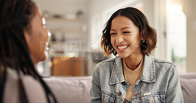 Buy stock photo Bonding, smile and woman friends on sofa in living room of home together for reunion or visit. Conversation, happy and relax with people in apartment for gossip, relationship or social on weekend
