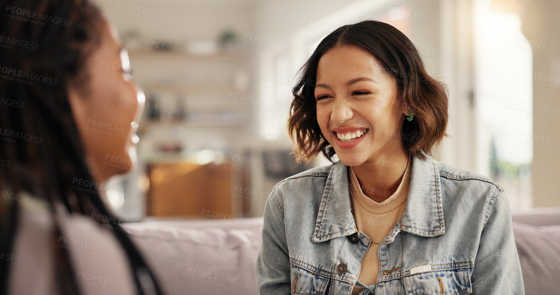 Buy stock photo Bonding, smile and woman friends on sofa in living room of home together for reunion or visit. Conversation, happy and relax with people in apartment for gossip, relationship or social on weekend