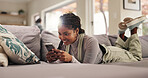 Home, relax and woman with cellphone, smile and connection with social media, internet or texting. Apartment, online reading or person on couch, smartphone or app for message to contact or funny meme