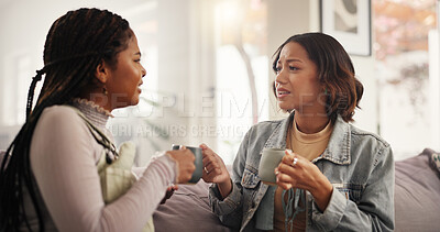 Buy stock photo Bonding, coffee and woman friends on sofa in living room of home together for reunion or visit. Conversation, drink and relax with people in apartment for gossip, relationship or social on weekend