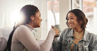 Buy stock photo Bonding, cheers and coffee with women on sofa in living room of home together for reunion or visit. Conversation, relax and smile with best friends in apartment for gossip or social on weekend