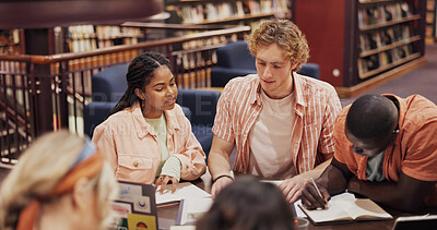 Buy stock photo Research, college and books with students in library for assignment, friends and study group. University, learning and teamwork with people talking on campus for knowledge, future and project
