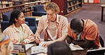 College, students and research with people in library for group project, discussion and education. University, team assignment and study with friend on campus for knowledge, future and scholarship
