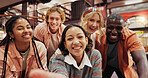 University library, happy friends and selfie of students with picture, team and pov together. Portrait, group and photography of people at college for study break, education and social media post
