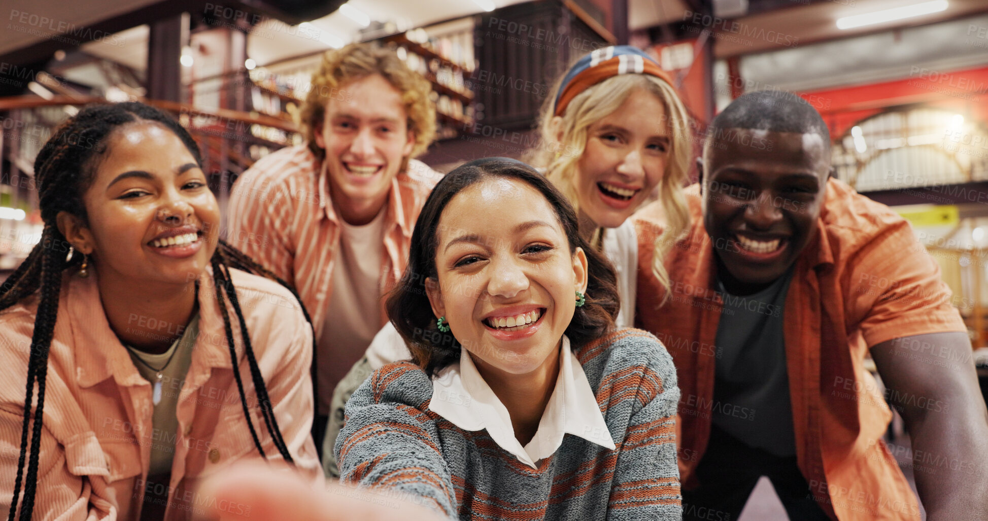 Buy stock photo University library, happy friends and selfie of students with picture, team and pov together. Portrait, group and photography of people at college for study break, education and social media post