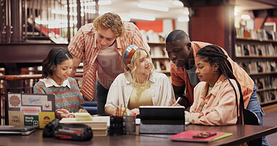 Buy stock photo Research, college and tablet with students in library for assignment, reading and study group. University, learning and teamwork with people helping on campus for knowledge, future and project