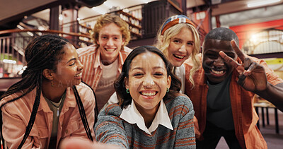 Buy stock photo College library, friends and selfie of students with peace sign, picture or POV of people together. Portrait, happy group and photography at university for study break, education or social media post