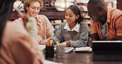 Buy stock photo Tutor, college and friends or students in library for assignment, reading and study group. University, learning and teamwork with people helping on campus for knowledge, future and research project