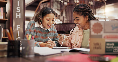 Buy stock photo Students, women and friends with notebook at library for group project, research or education at university. People, girl and review with problem solving, notes or learning for scholarship at college