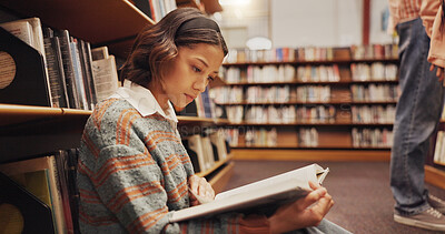Buy stock photo Woman, reading book and floor in library for literature, research and studying for knowledge. Person, student and novel with academic information, scholarship and learning for education assignment