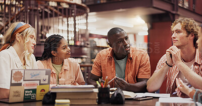 Buy stock photo Research, college and discussion with students in library for assignment, friends and study group. University, learning and teamwork with people talking on campus for knowledge, future and project