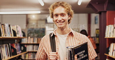 Buy stock photo Portrait, smile and student with books in library for learning, financial study and business course. Man, finance textbook and knowledge with investment information, education exam and growth advice