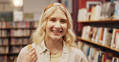 Buy stock photo Woman, portrait and smile in library for education, learning opportunity and development. Student, college and happy in academy for scholarship, literature growth and university tuition in book room