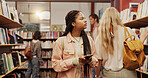 Education, phone and thinking with woman in library to search for books or study material. App, learning and social media with student person on college or university campus for school scholarship