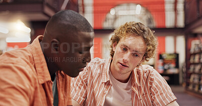 Buy stock photo Studying, friends and men in library, education and preparing for exam with information and students. Reading, scholar and people with research for knowledge, college and serious for scholarship