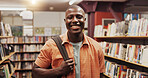 African man, student and smile at library, portrait or excited for education, development or research at college. Person, happy and learning with pride, backpack or scholarship at university in Kenya