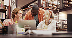 College, students and laptop with people in library for group project, discussion and education. University, team assignment and study with friend on campus for knowledge, future and scholarship