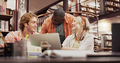 Buy stock photo College, students and laptop with people in library for group project, discussion and education. University, team assignment and study with friend on campus for knowledge, future and scholarship