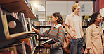 Student, shelf and choice for books in library for research, studying and exam preparation. Woman, novel and search for information with learning, university knowledge and education thesis at college