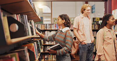 Buy stock photo Student, shelf and choice for books in library for research, studying and exam preparation. Woman, novel and search for information with learning, university knowledge and education thesis at college