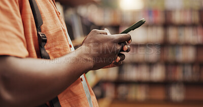 Buy stock photo Hands, student and phone at library, texting and contact on web, notification and chat at college. Person, smartphone and mobile app for education, research and check class schedule at university