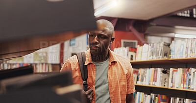 Buy stock photo Man, student and shelf with books in library for choice, textbook search and studying for exam. African person, decision and literature information for knowledge, education and assessment at college
